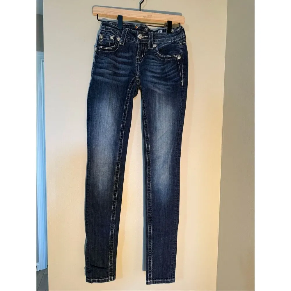 Miss Me Angel Wing Bling Embellished Flap Pocket Skinny Jeans Dark Denim Size 24